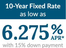 10 Year Fixed Rate as low as 6.275% APR* with 15% down payment. 